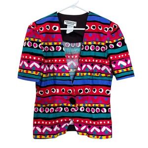 80s Vintage Cotton Jacket Blazer Women's 10 Bold Colorful Print Art Avant Garde